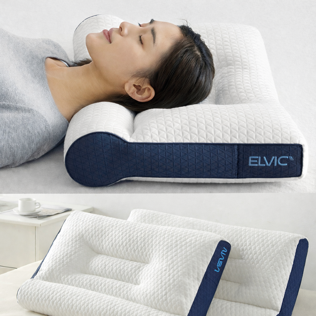 Person sleeping comfortably on ELVic™ ergonomic memory foam pillow with proper neck support