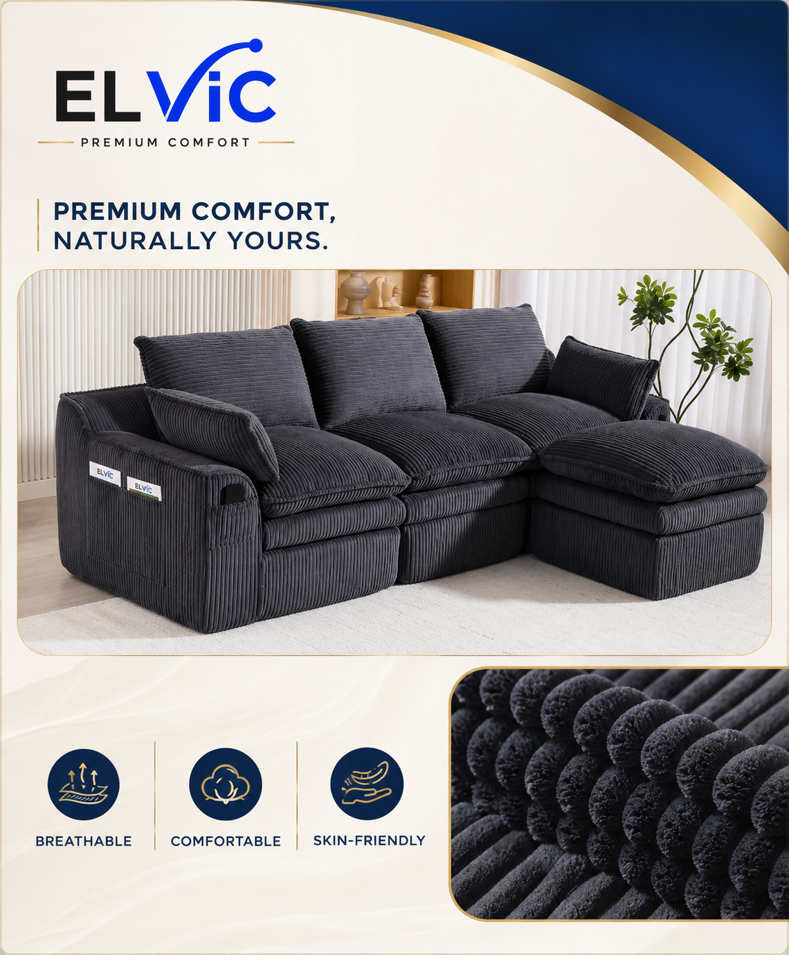 ELViC™ Luxury Cloud Modular Sectional Sofa with Ottoman