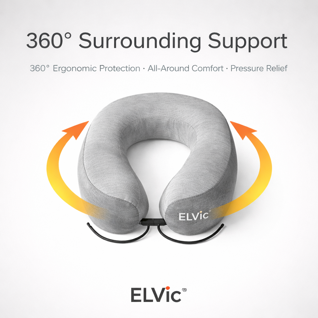 ELVic™ Premium Memory Foam Travel Neck Pillow – Portable Ergonomic Comfort for Airplane, Car & Office