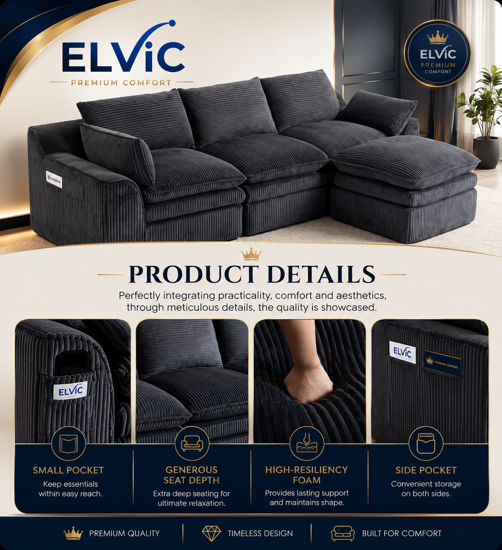 ELViC™ Luxury Cloud Modular Sectional Sofa with Ottoman