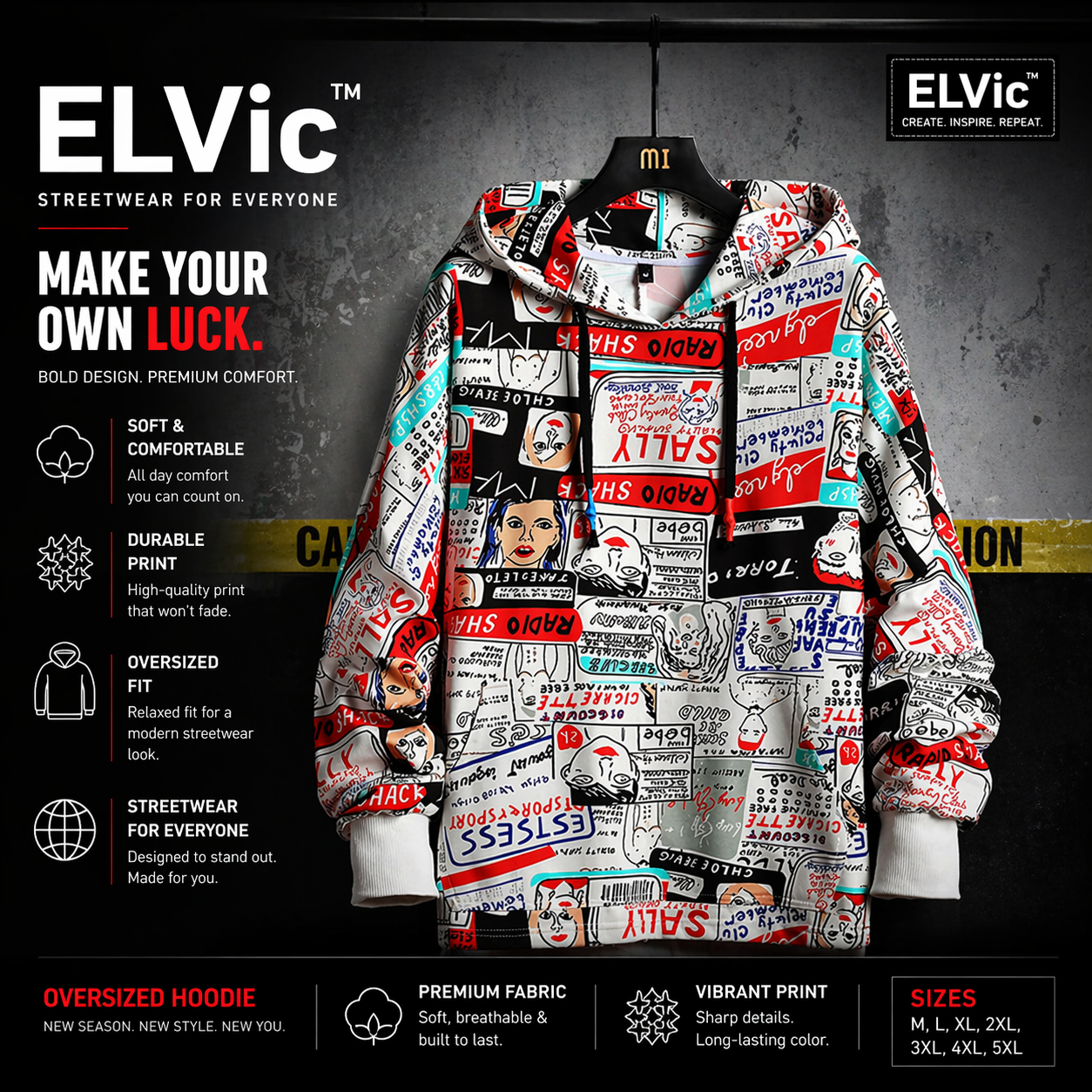 ELVic™ Oversized Printed Hoodie – Streetwear Cotton Blend Pullover (Men)