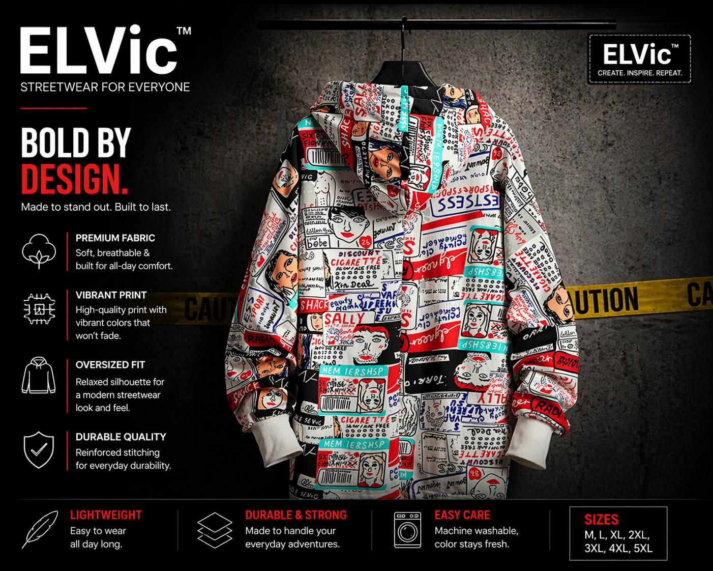 ELVic™ Oversized Printed Hoodie – Streetwear Cotton Blend Pullover (Men)