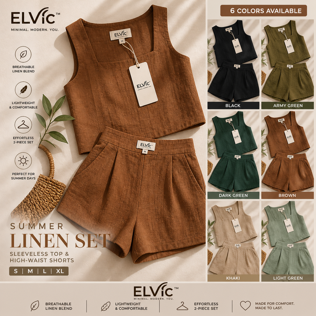 ELVic™ Summer Linen 2-Piece Set – Sleeveless Top & High-Waist Shorts