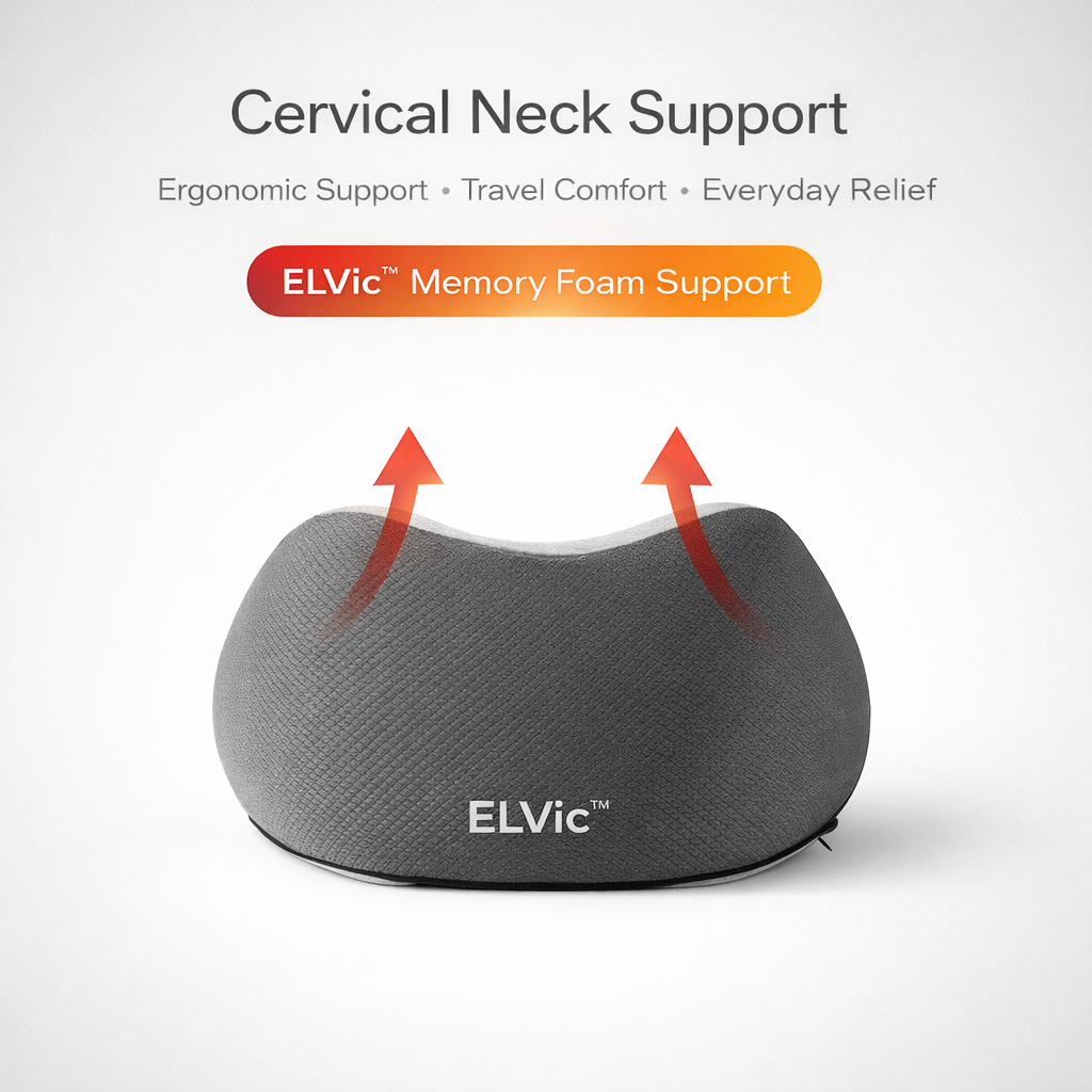 ELVic™ Premium Memory Foam Travel Neck Pillow – Portable Ergonomic Comfort for Airplane, Car & Office