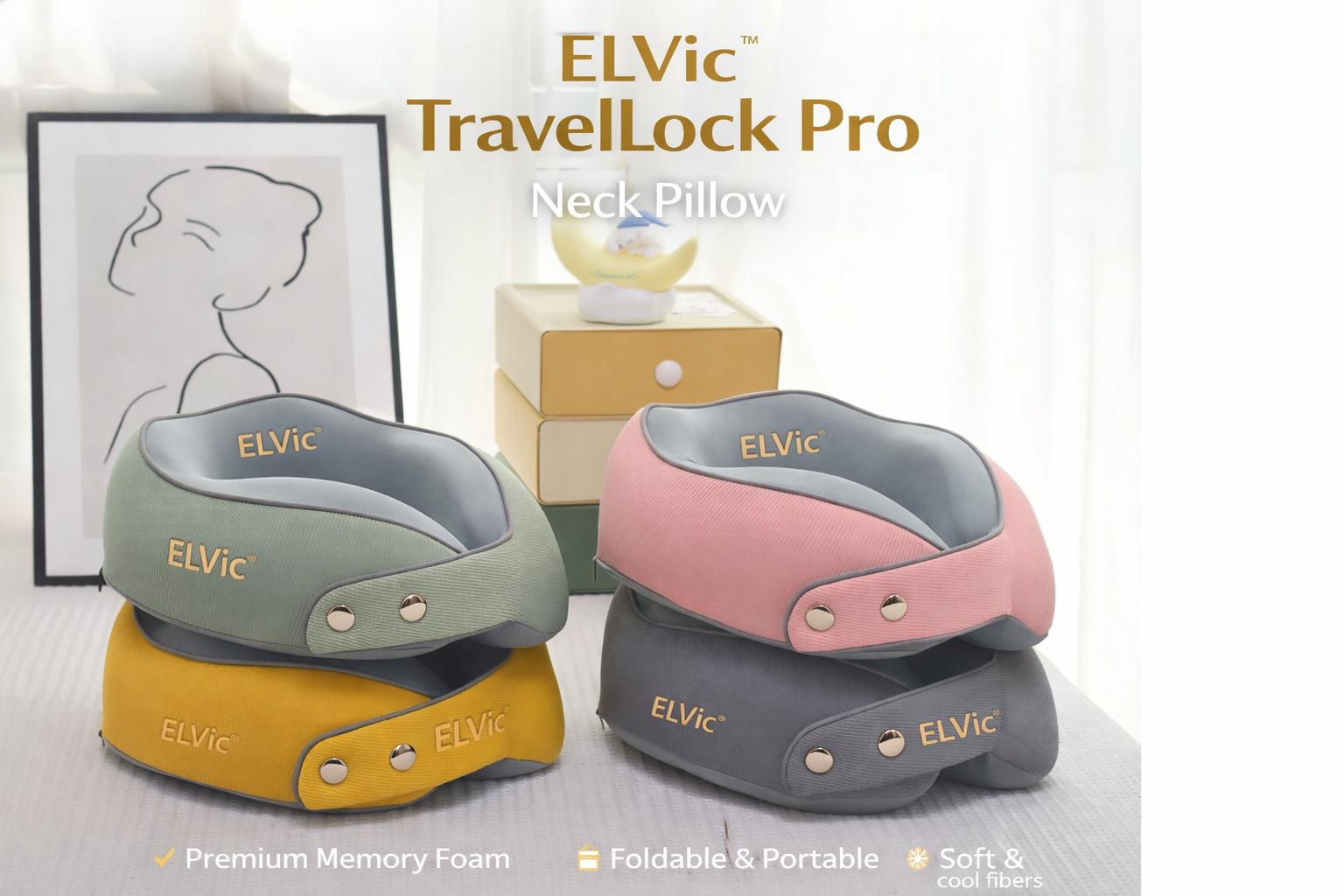 ELVic™ TravelLock Memory Foam Neck Pillow – Magnetic U-Shape Support for Comfortable Travel