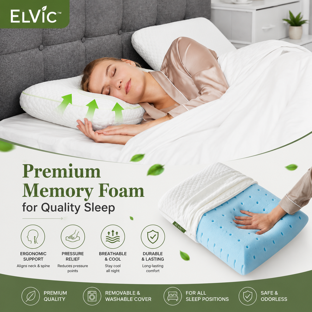 ELVic™ DreamSupport Pro – Ergonomic Memory Foam Pillow with Washable Cover