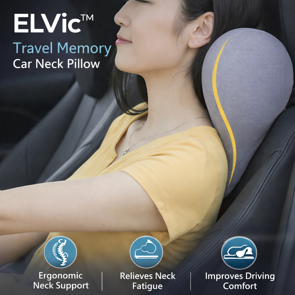 ELVic™ Travel Memory Foam Car Neck Pillow – Ergonomic Head & Neck Support for Driving Comfort