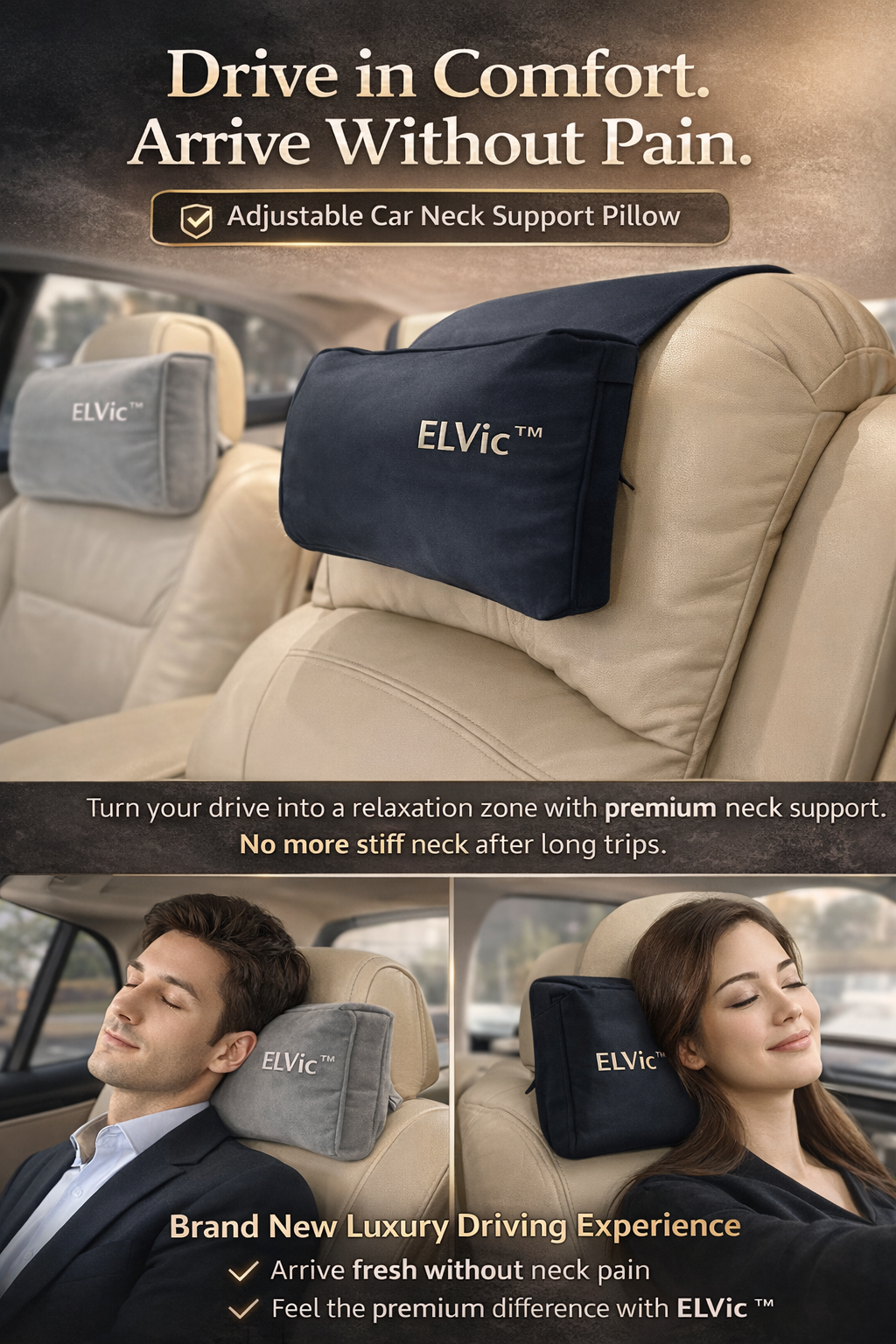 ELVic™ Adjustable Car Neck Support Pillow – Ergonomic Headrest for Pain Relief & Comfort