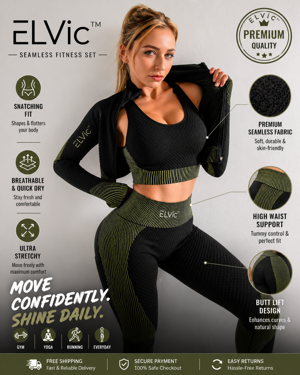 ELVic™ SculptFit Seamless 3-Piece Gym Set – High Waist Leggings, Sports Bra & Crop Top (Women Activewear)