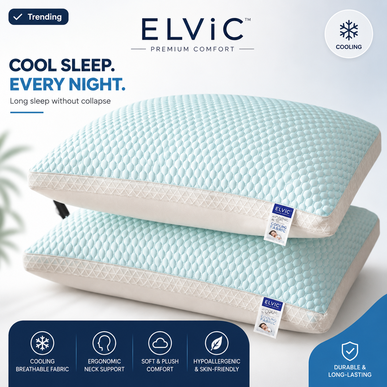 ELVic™ Cooling Breathable Bed Pillow – Ergonomic Neck Support for Side, Back & Stomach Sleepers