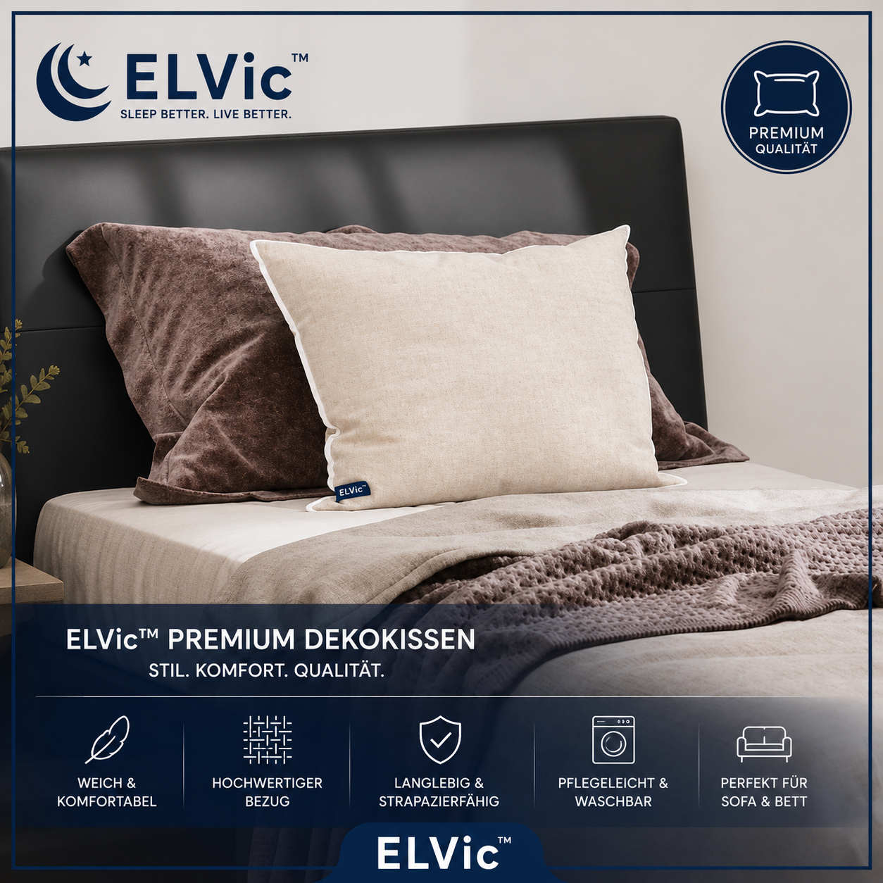 ELVic™ Premium Dekokissen für Sofa & Bett – Weiches Polyester Zierkissen für Wohnzimmer & Schlafzimmer