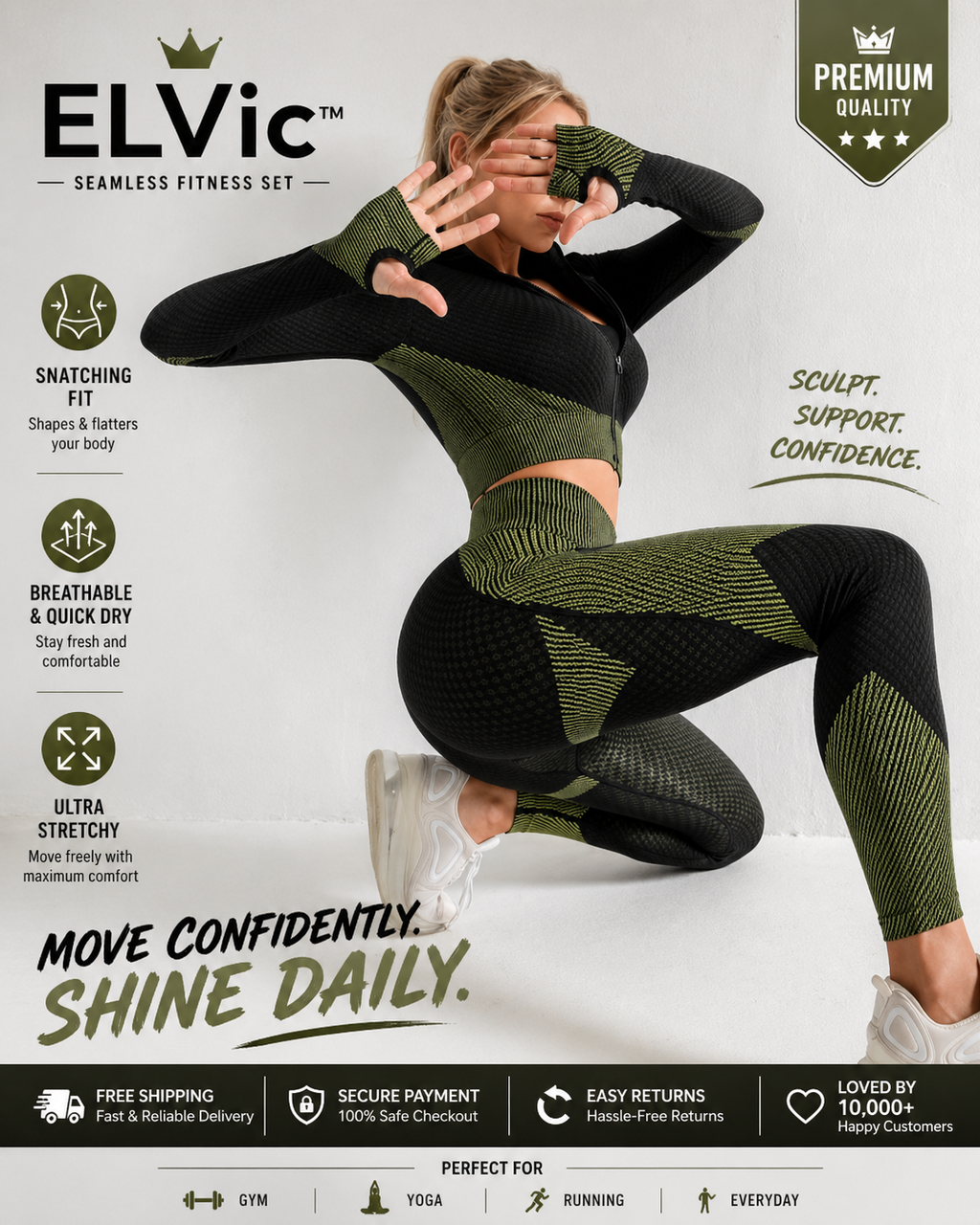 ELVic™ SculptFit Seamless 3-Piece Gym Set – High Waist Leggings, Sports Bra & Crop Top (Women Activewear)
