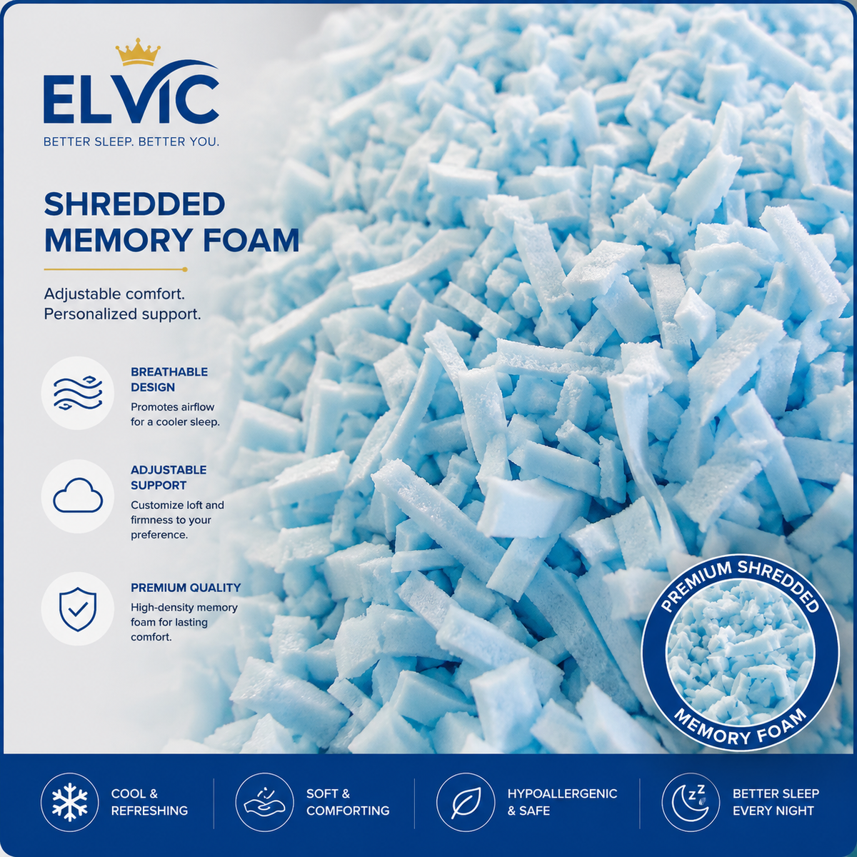 ELVic™ Cooling Shredded Memory Foam Pillow – Bamboo Fiber Adjustable Support