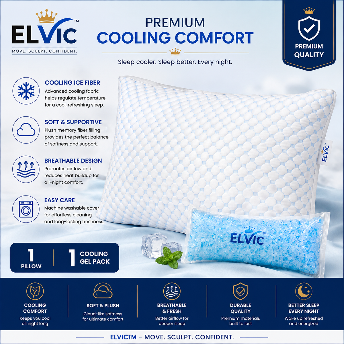 ELVic™ ArcticCloud Adjustable Cooling Memory Foam Pillow