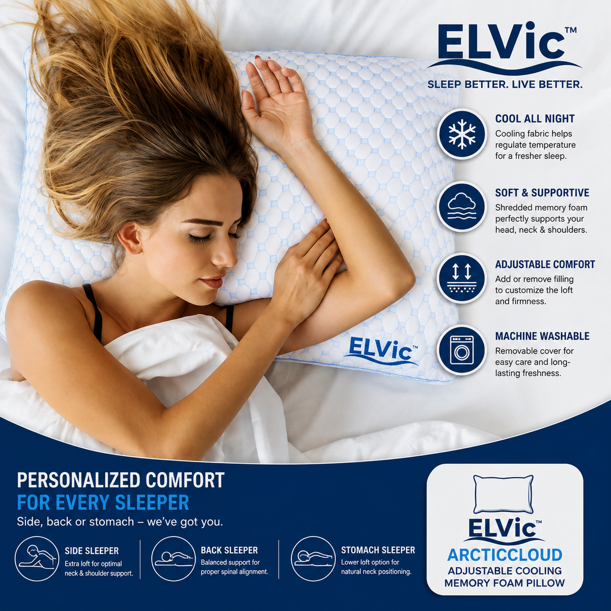 ELVic™ ArcticCloud Adjustable Cooling Memory Foam Pillow