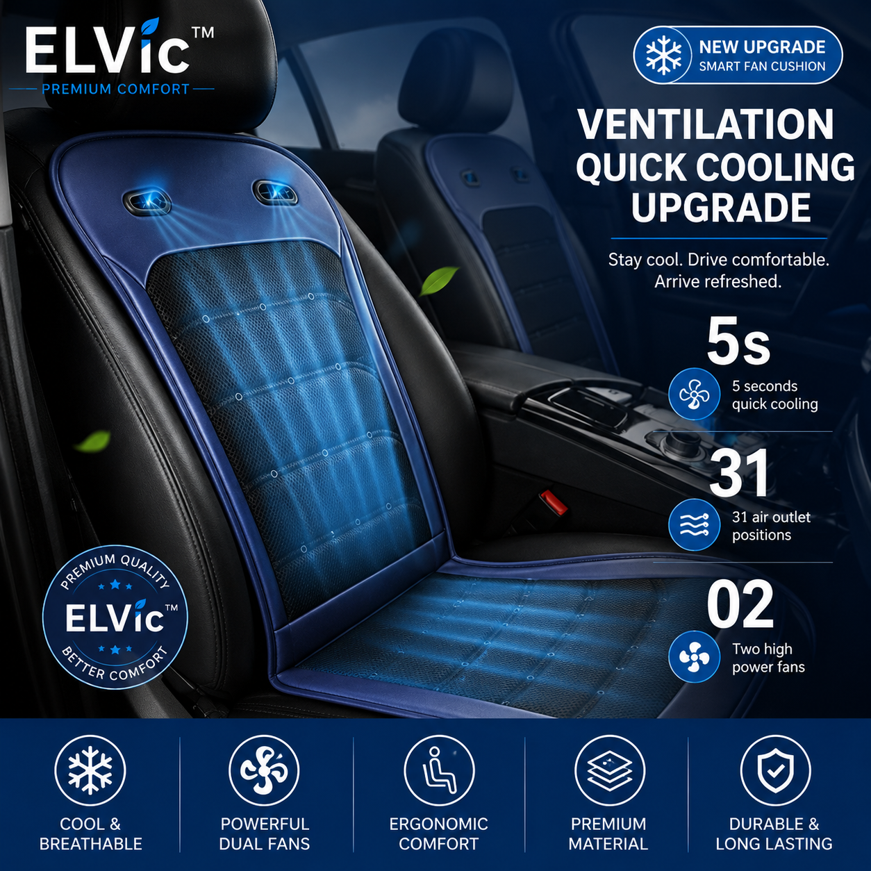 ELVic™ Cooling Car Seat Cushion – Breathable Ventilated Seat Pad for Summer Driving