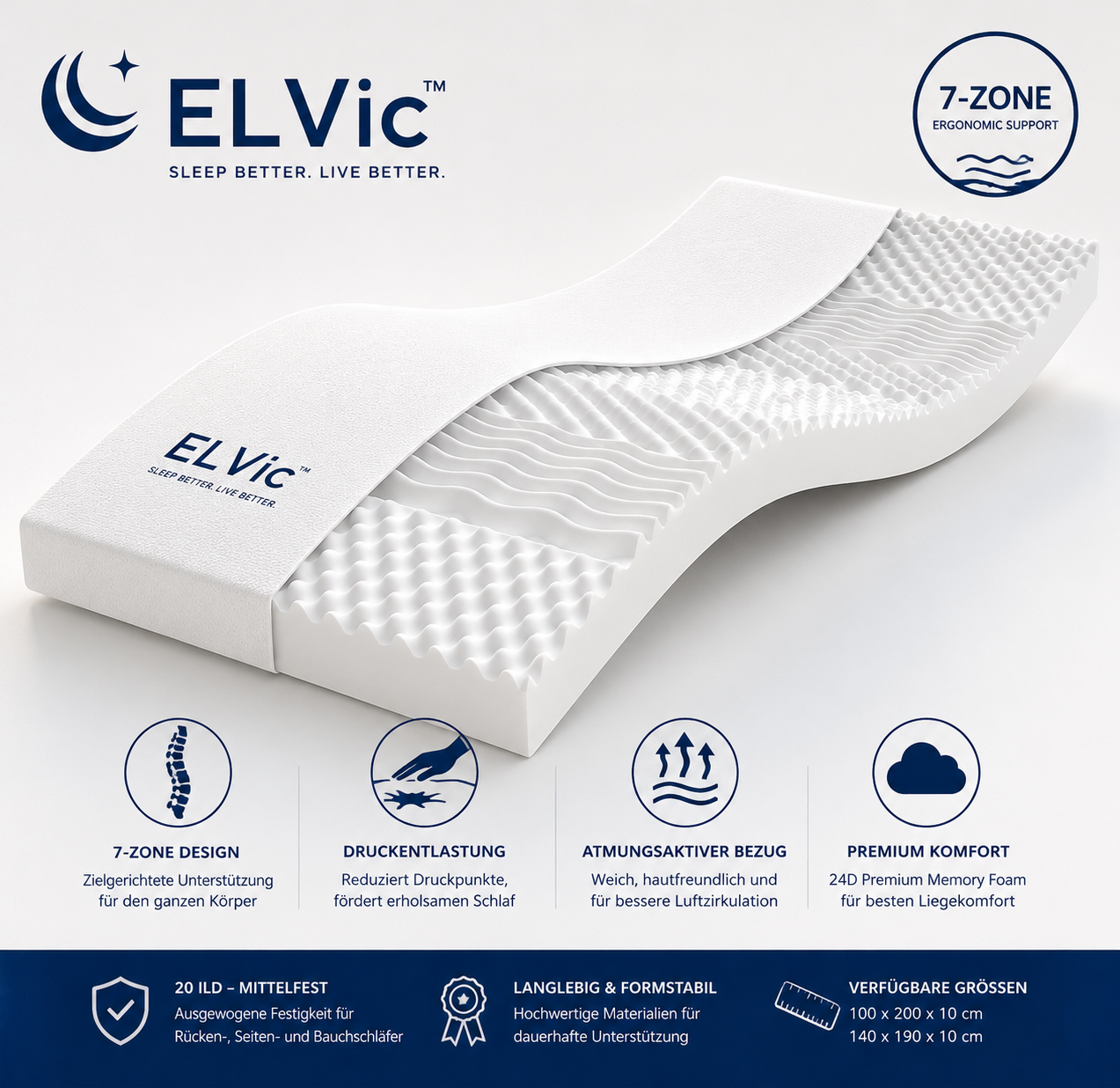 ELVic™ 7-Zonen Memory Foam Matratze – Premium Schlafkomfort für erholsame Nächte