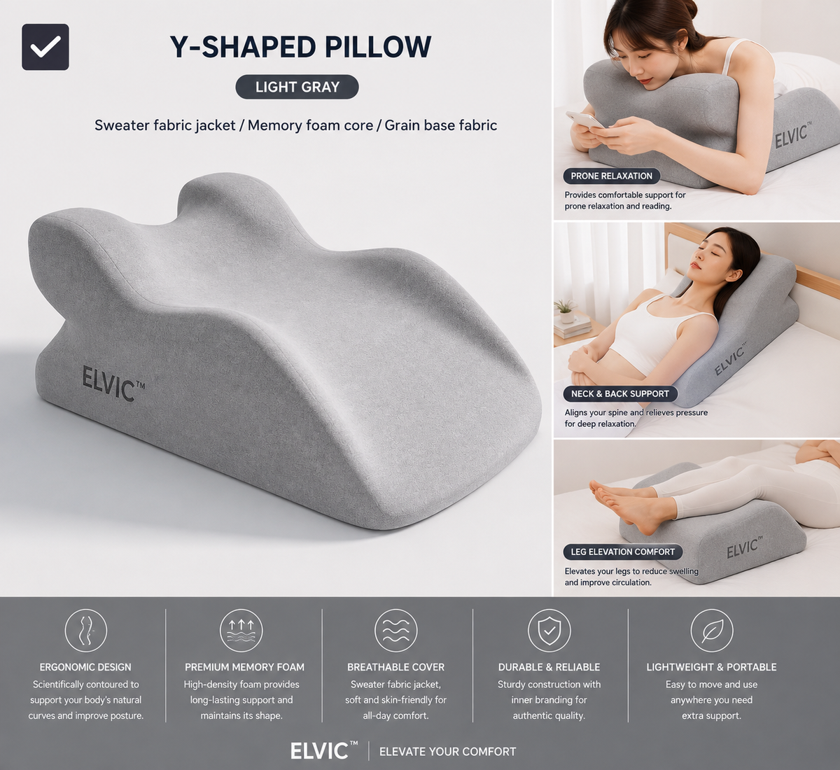 ELVic™ ElevatePro Memory Foam Support Pillow – Ergonomic Reading & Relaxation Cushion