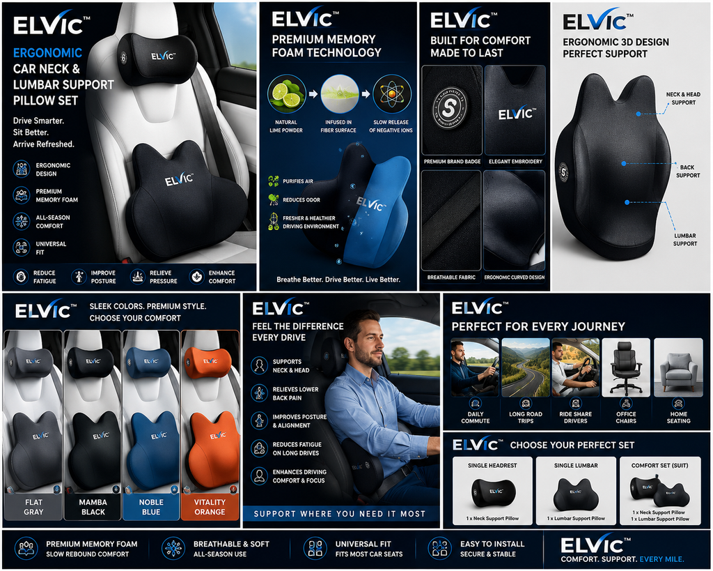 ELVic™ Ergonomic Car Neck Support Pillow – Memory Foam Headrest & Lumbar Cushion for Comfortable Driving