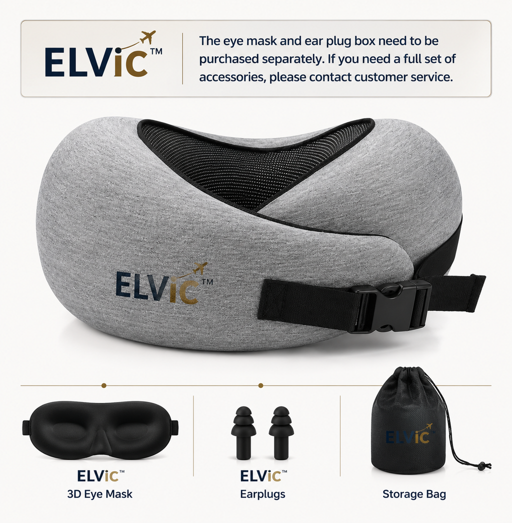 ELVic™ CloudRest Memory Foam Travel Neck Pillow – Adjustable U-Shaped Neck Support for Airplane, Car, Office & Home