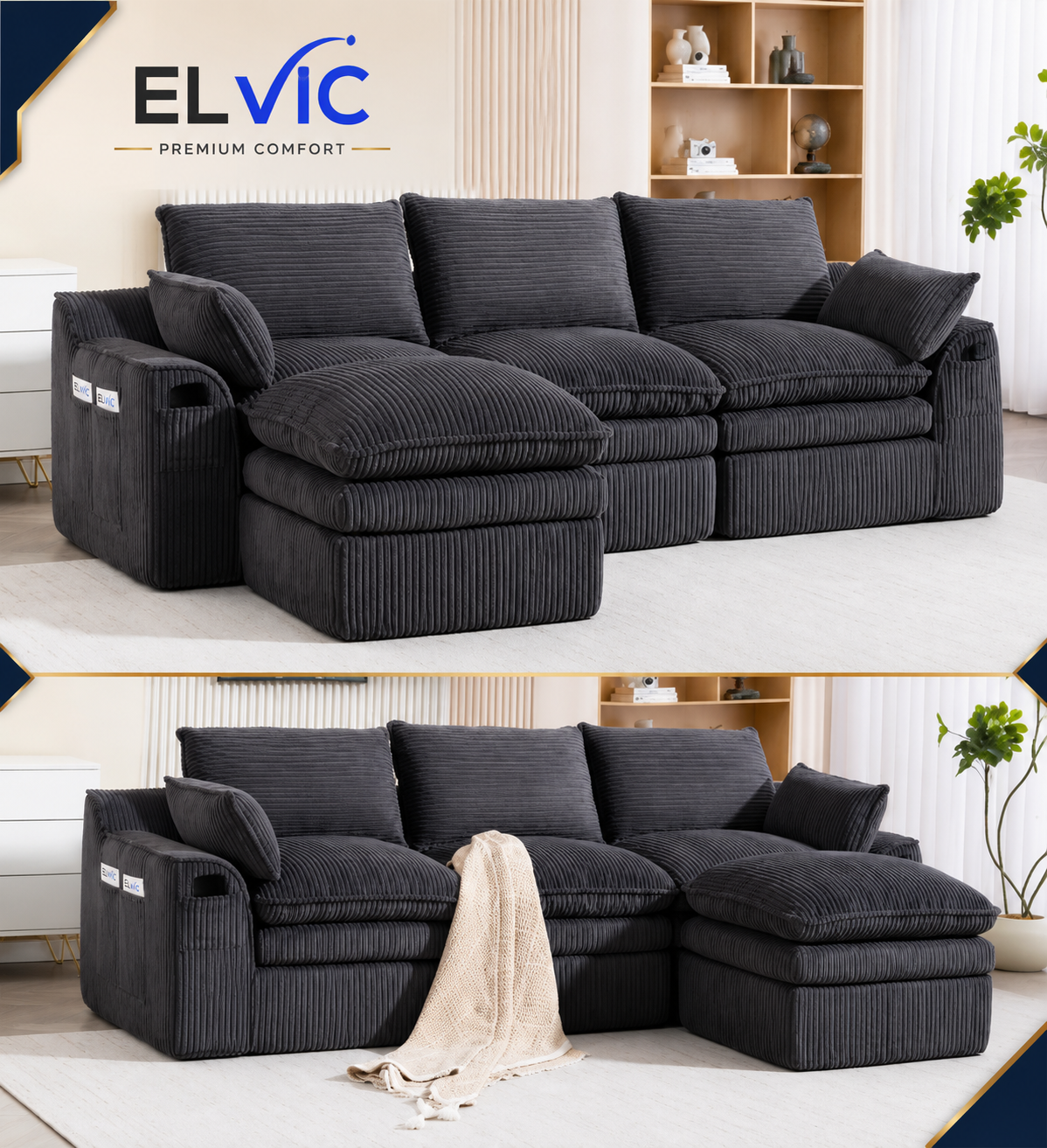 ELViC™ Luxury Cloud Modular Sectional Sofa with Ottoman