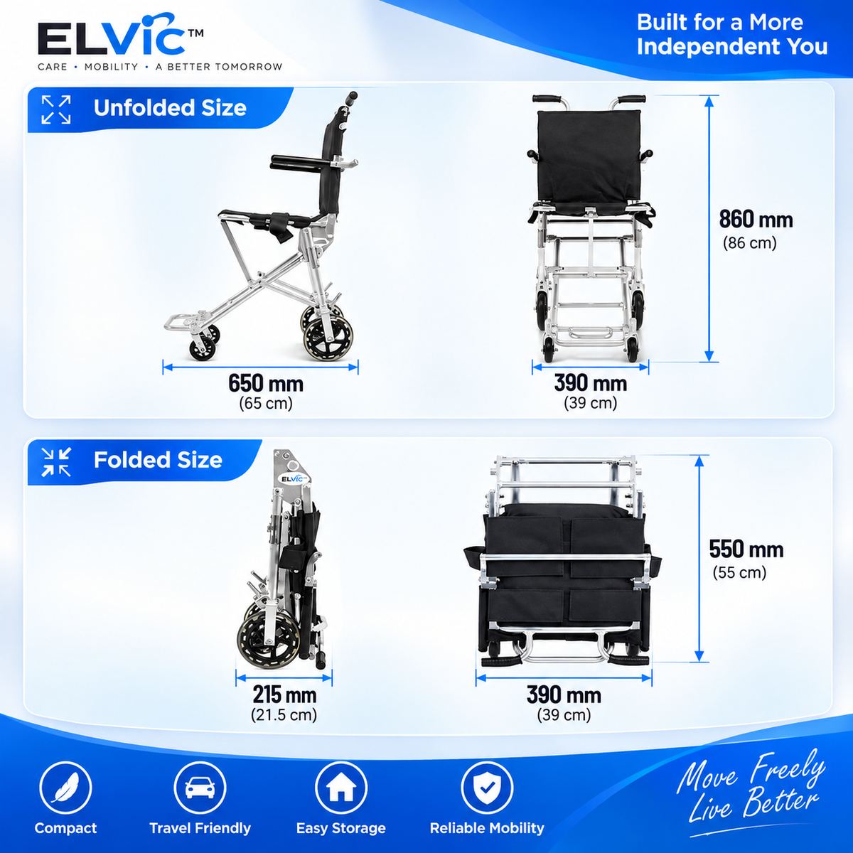ELVic™ Lightweight Foldable Transport Wheelchair