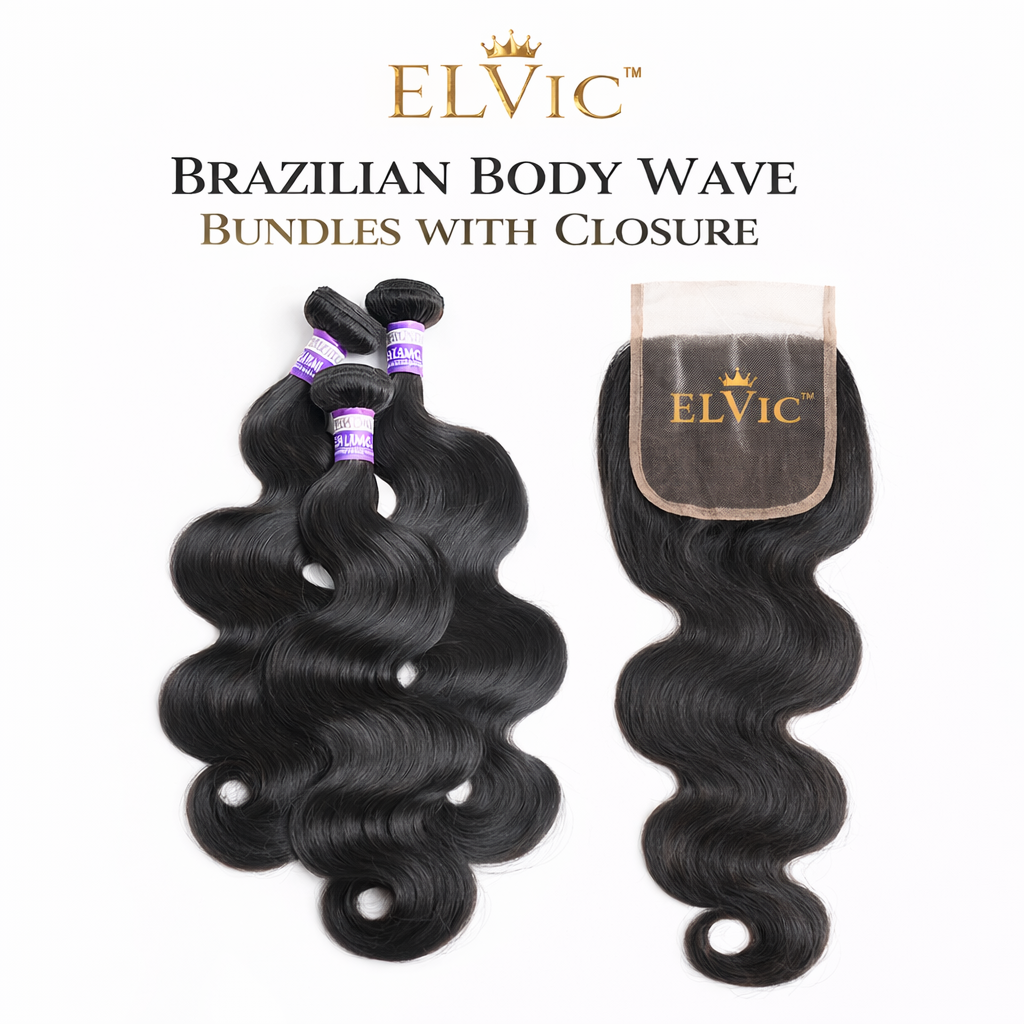 Brazilian Body Wave Human Hair Bundles with Closure – 100% Remy Hair (Natural Black)