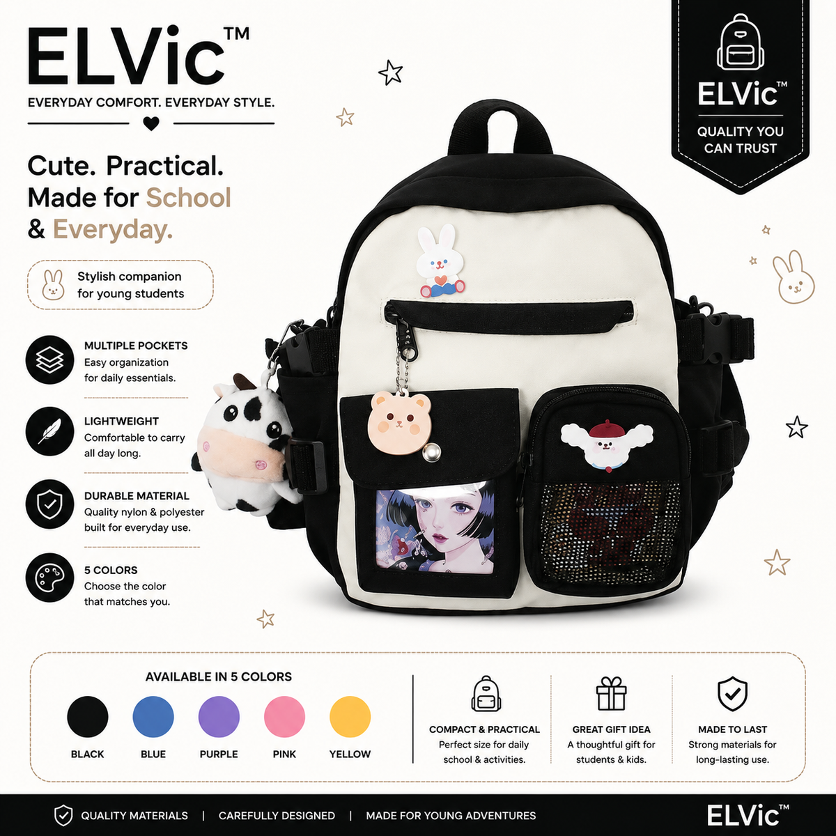 ELVic™ Cute Multi-Pocket Student Backpack – School & Everyday Bag