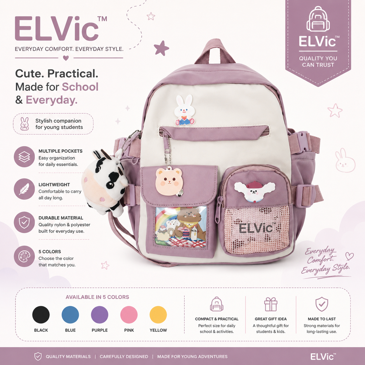 ELVic™ Cute Multi-Pocket Student Backpack – School & Everyday Bag