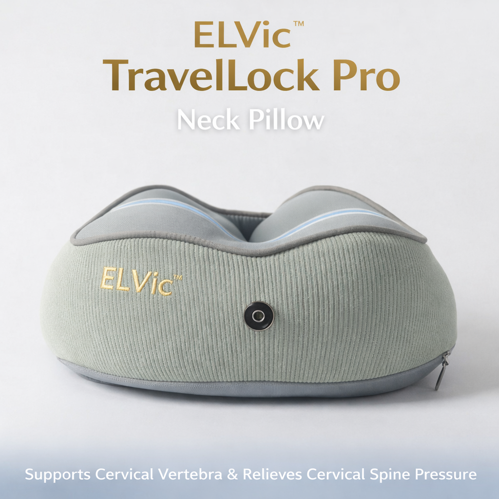 ELVic™ TravelLock Memory Foam Neck Pillow – Magnetic U-Shape Support for Comfortable Travel