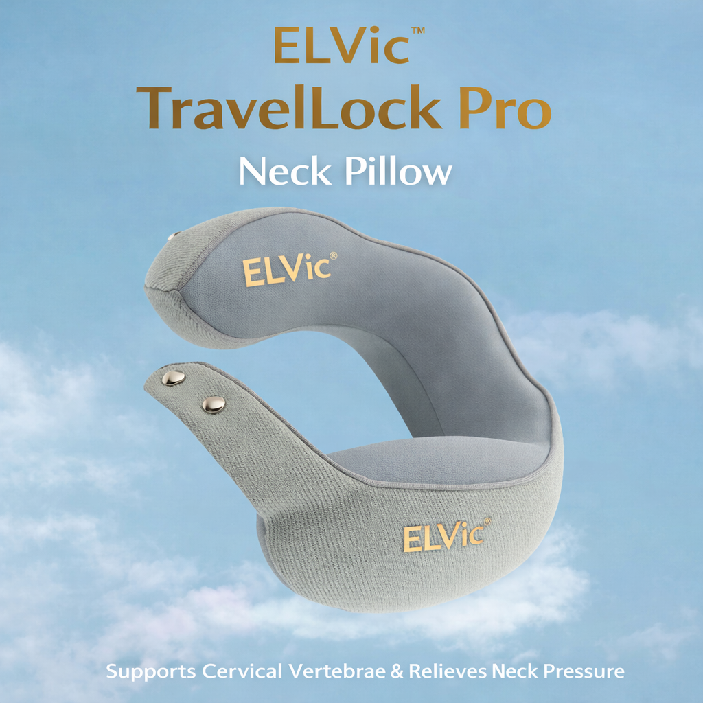 ELVic™ TravelLock Memory Foam Neck Pillow – Magnetic U-Shape Support for Comfortable Travel