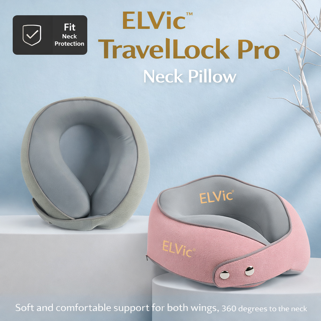 ELVic™ TravelLock Memory Foam Neck Pillow – Magnetic U-Shape Support for Comfortable Travel