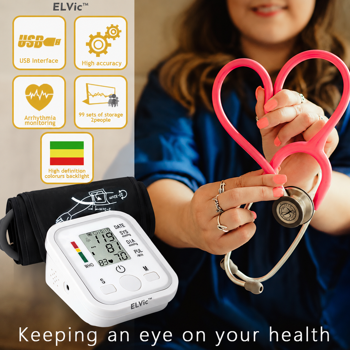 ELVic™ Automatic Upper-Arm Blood Pressure Monitor with Voice Guidance