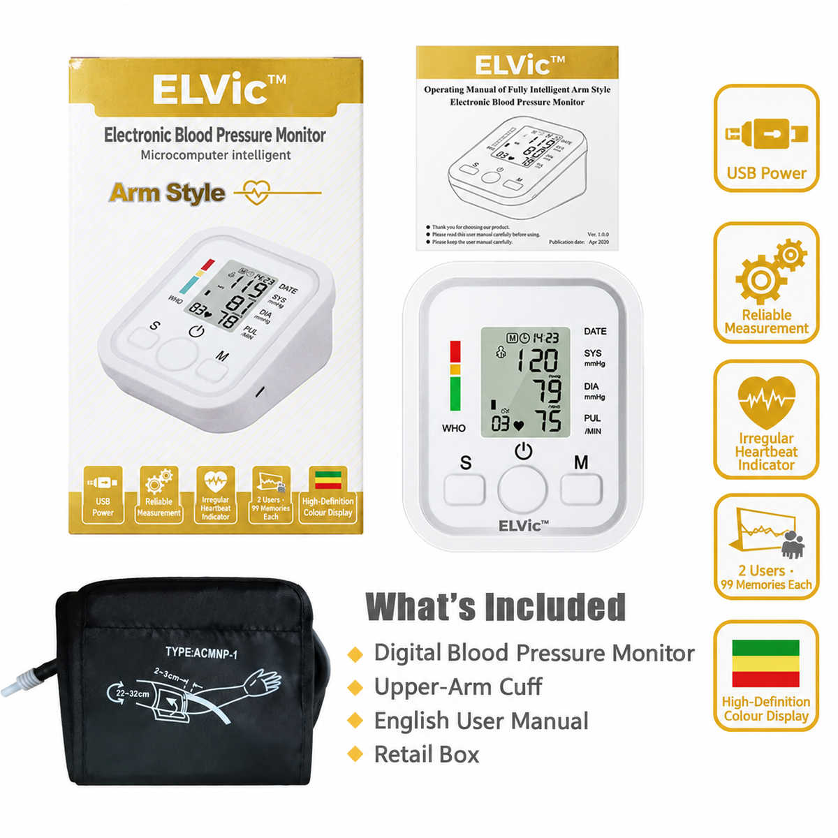 ELVic™ Automatic Upper-Arm Blood Pressure Monitor with Voice Guidance