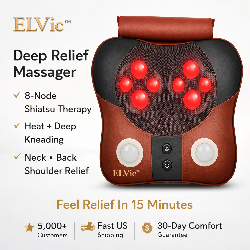 ELVic™ Shiatsu Lumbar Massage Pillow – Heated Neck, Back & Shoulder Relaxation Cushion