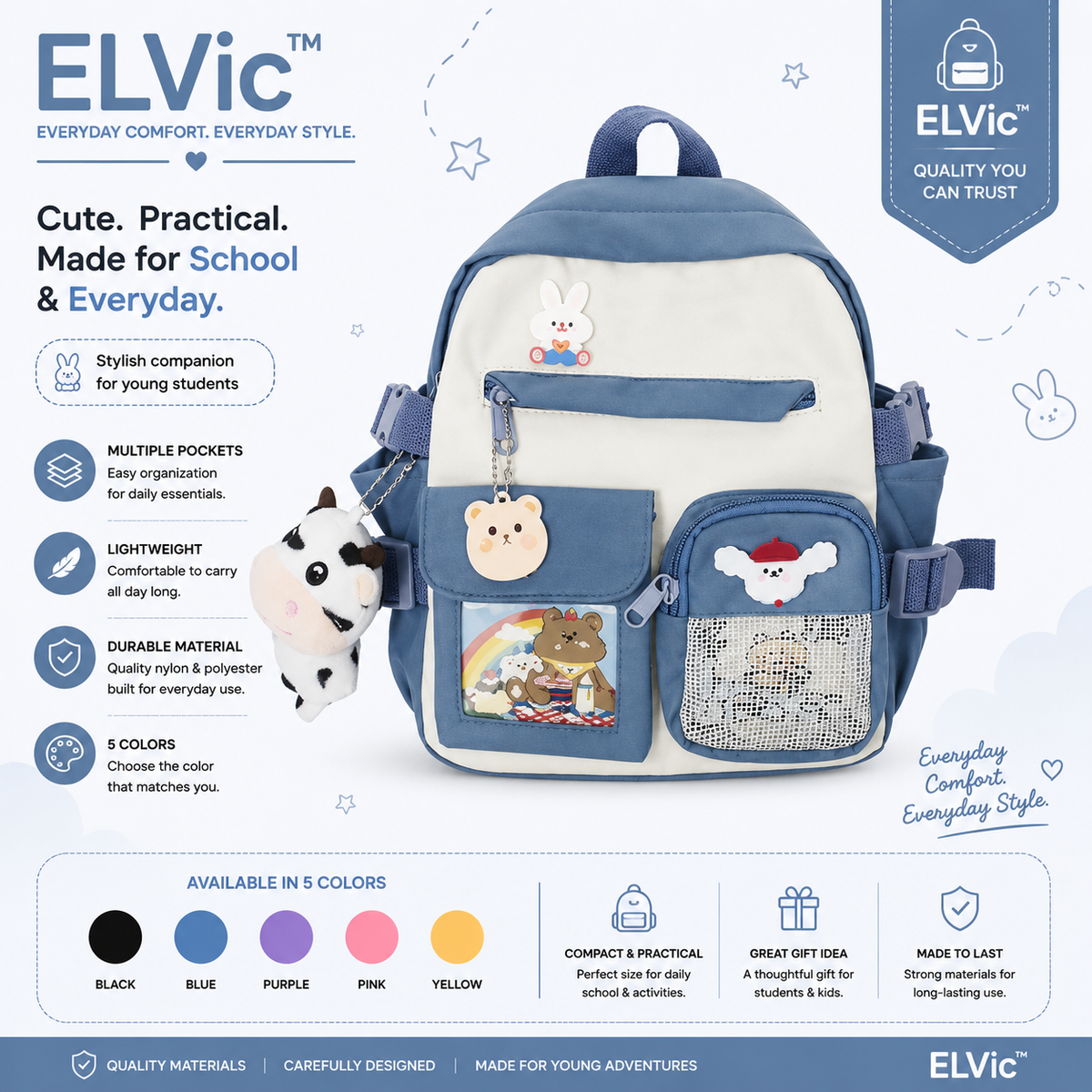 ELVic™ Cute Multi-Pocket Student Backpack – School & Everyday Bag