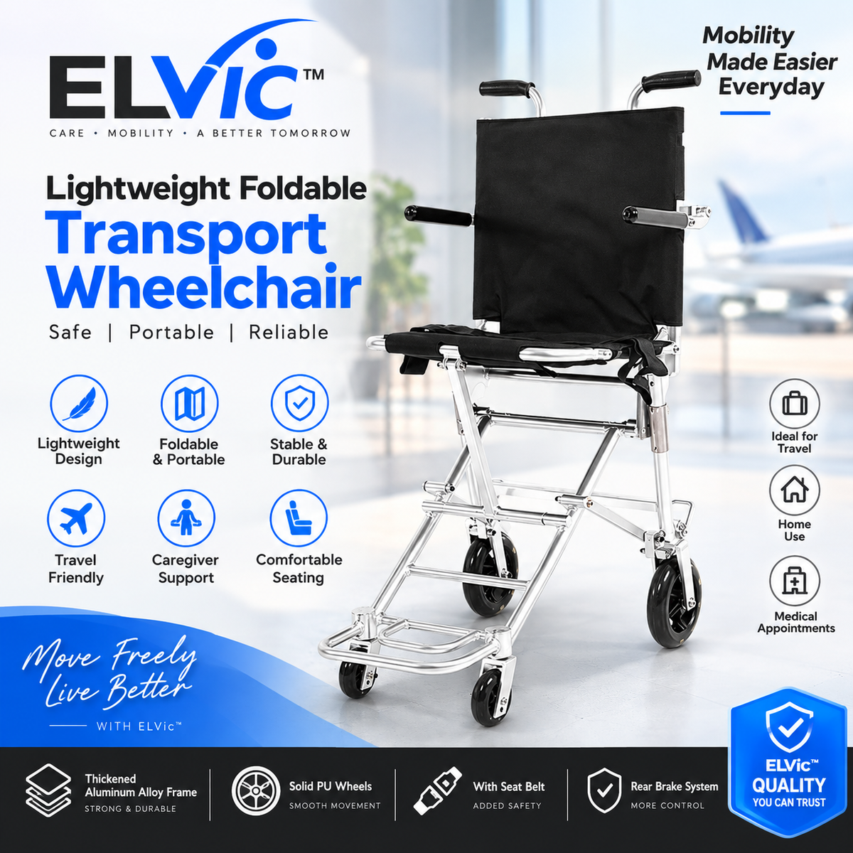 ELVic™ Lightweight Foldable Transport Wheelchair