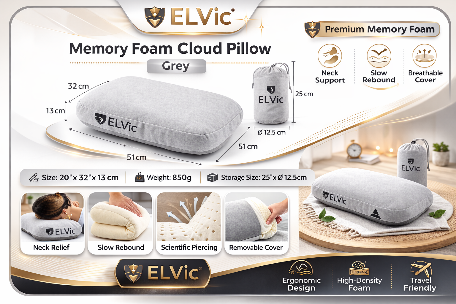ELVic™ Memory Foam U-Shaped Neck Pillow | Slow Rebound Support for Travel & Relaxation
