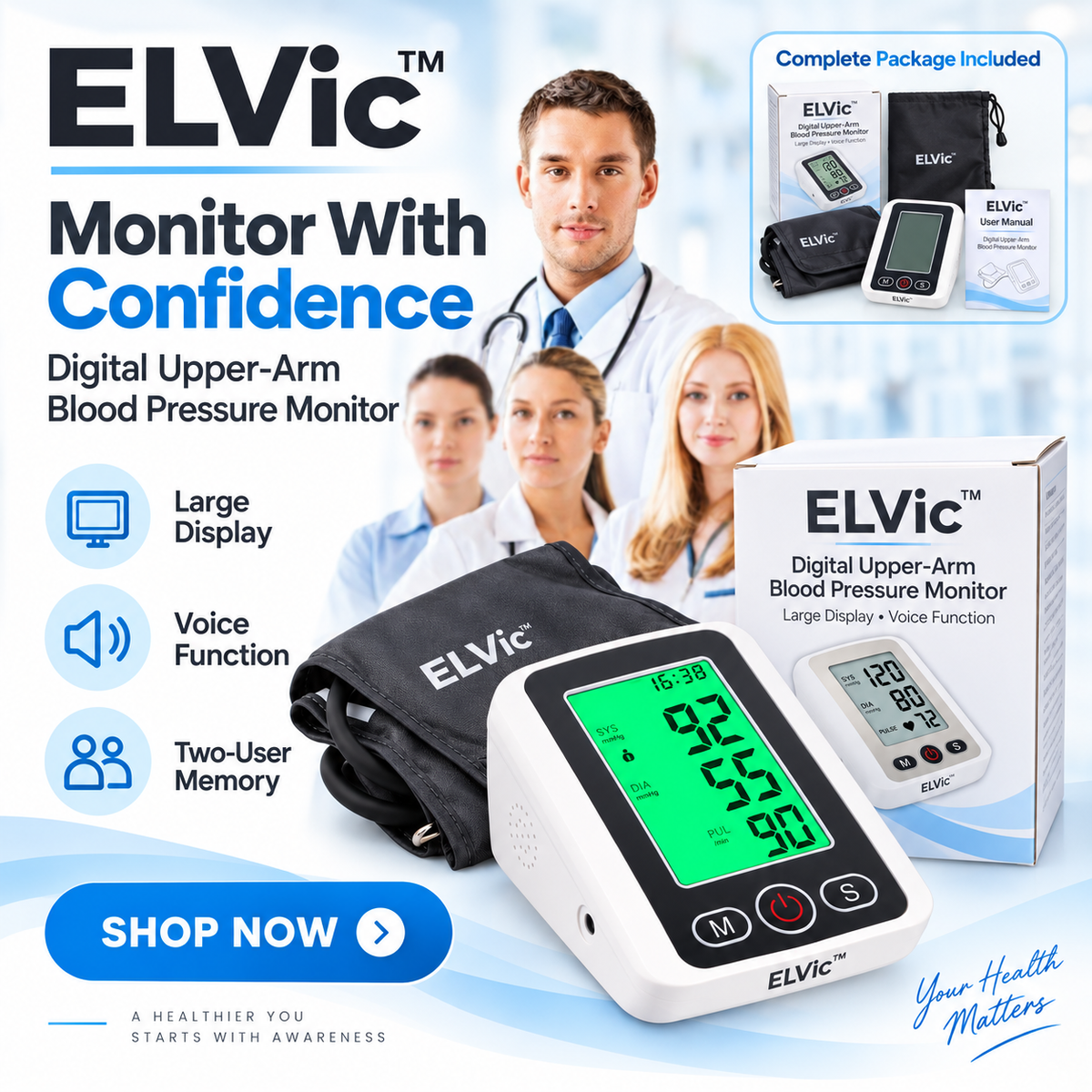 ELVic™ Digital Upper Arm Blood Pressure Monitor with Large Colour Display and Voice Function