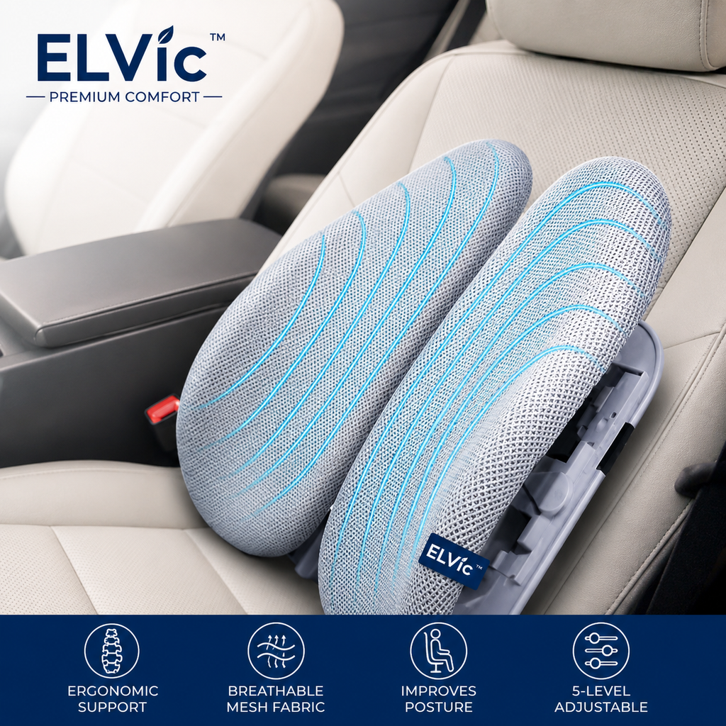 ELVic™ Ergonomic Memory Foam Lumbar Support Cushion – Back Pillow for Car Seat, Office Chair & Home