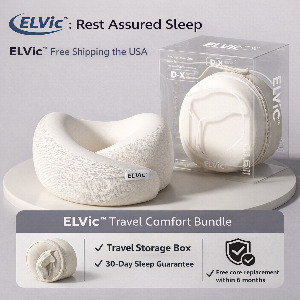 ELVic™ Memory Foam Travel Neck Pillow – Ergonomic U-Shape Support for Airplane, Car & Office