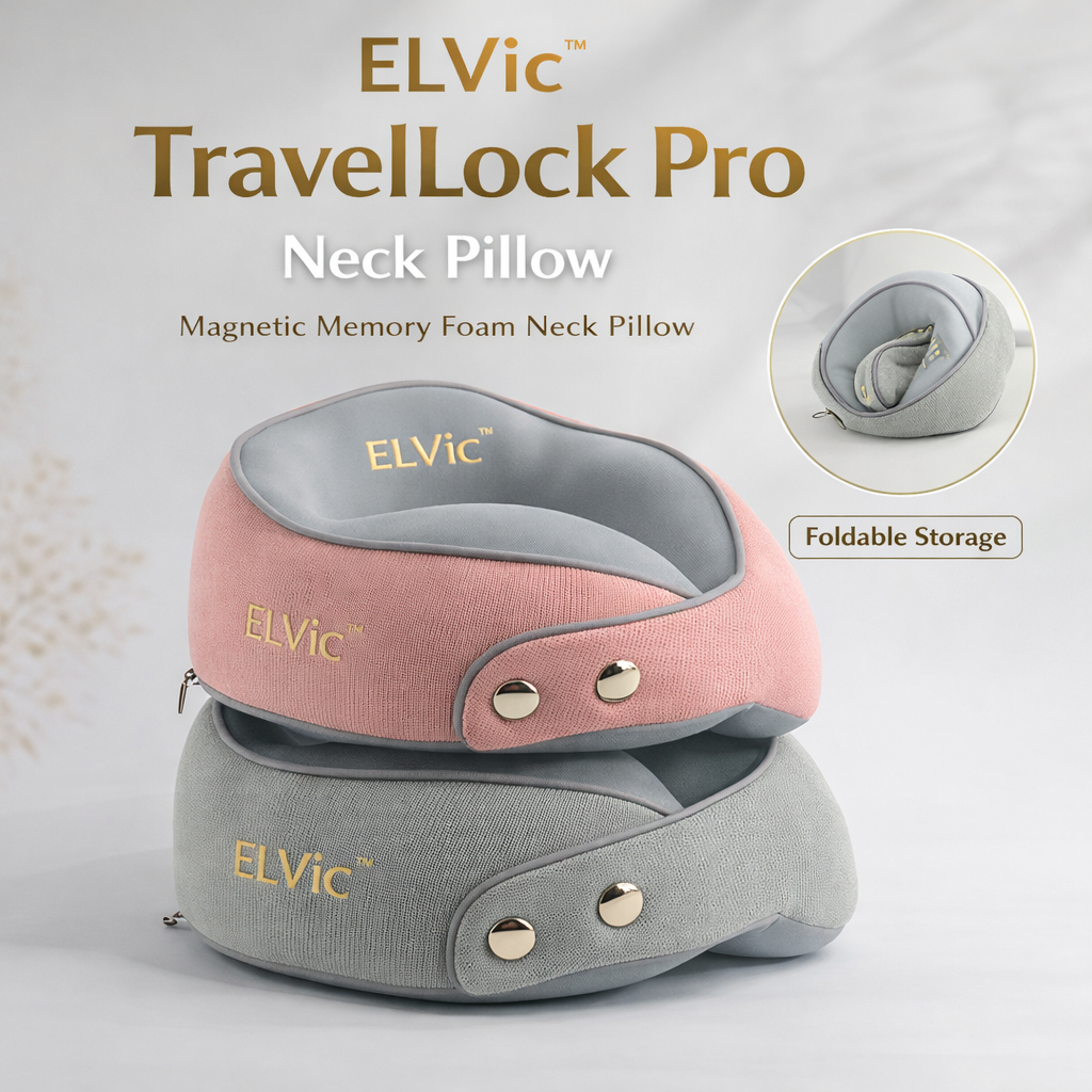 ELVic™ TravelLock Memory Foam Neck Pillow – Magnetic U-Shape Support for Comfortable Travel