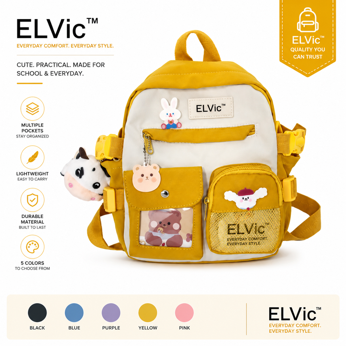 ELVic™ Cute Multi-Pocket Student Backpack – School & Everyday Bag