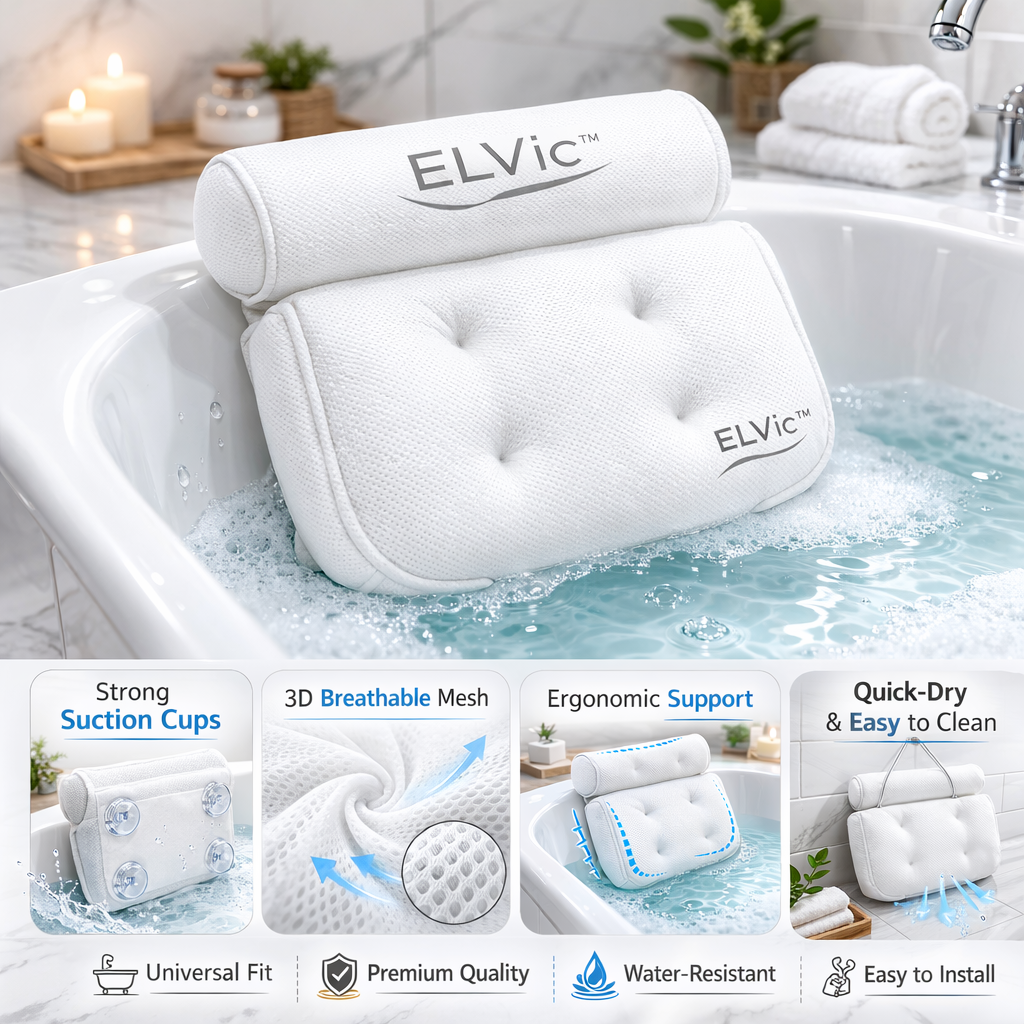 ELVic™ Luxury Mesh Bathtub Pillow with Suction Cups – Neck & Head Support for Ultimate Bath Comfort