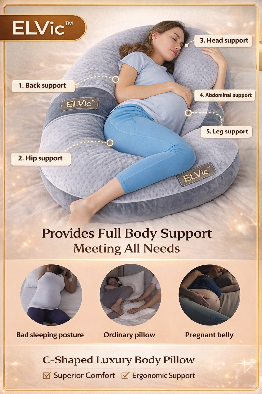 ELVic™ Full Body Support Pillow – Ergonomic Sleep Cushion for Back, Hip & Side Sleeper Comfort