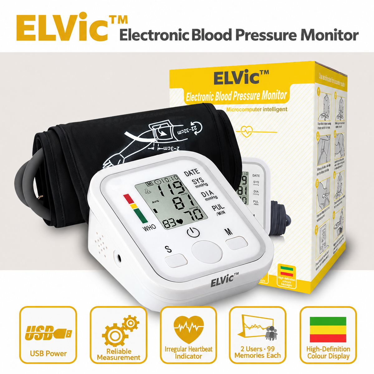 ELVic™ Automatic Upper-Arm Blood Pressure Monitor with Voice Guidance