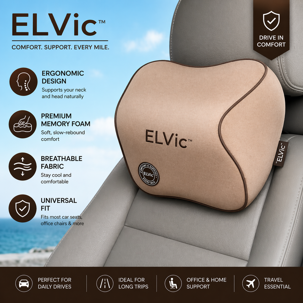ELVic™ Ergonomic Memory Foam Car Neck Pillow – Pain Relief Headrest Support for Driving Comfort
