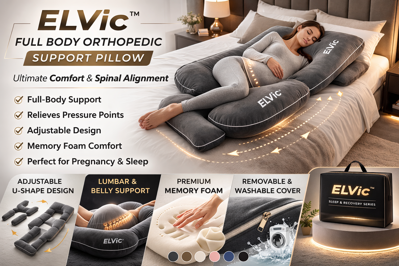 ELVic™ Full Body Support Pillow – Adjustable Maternity & Lumbar Comfort Cushion