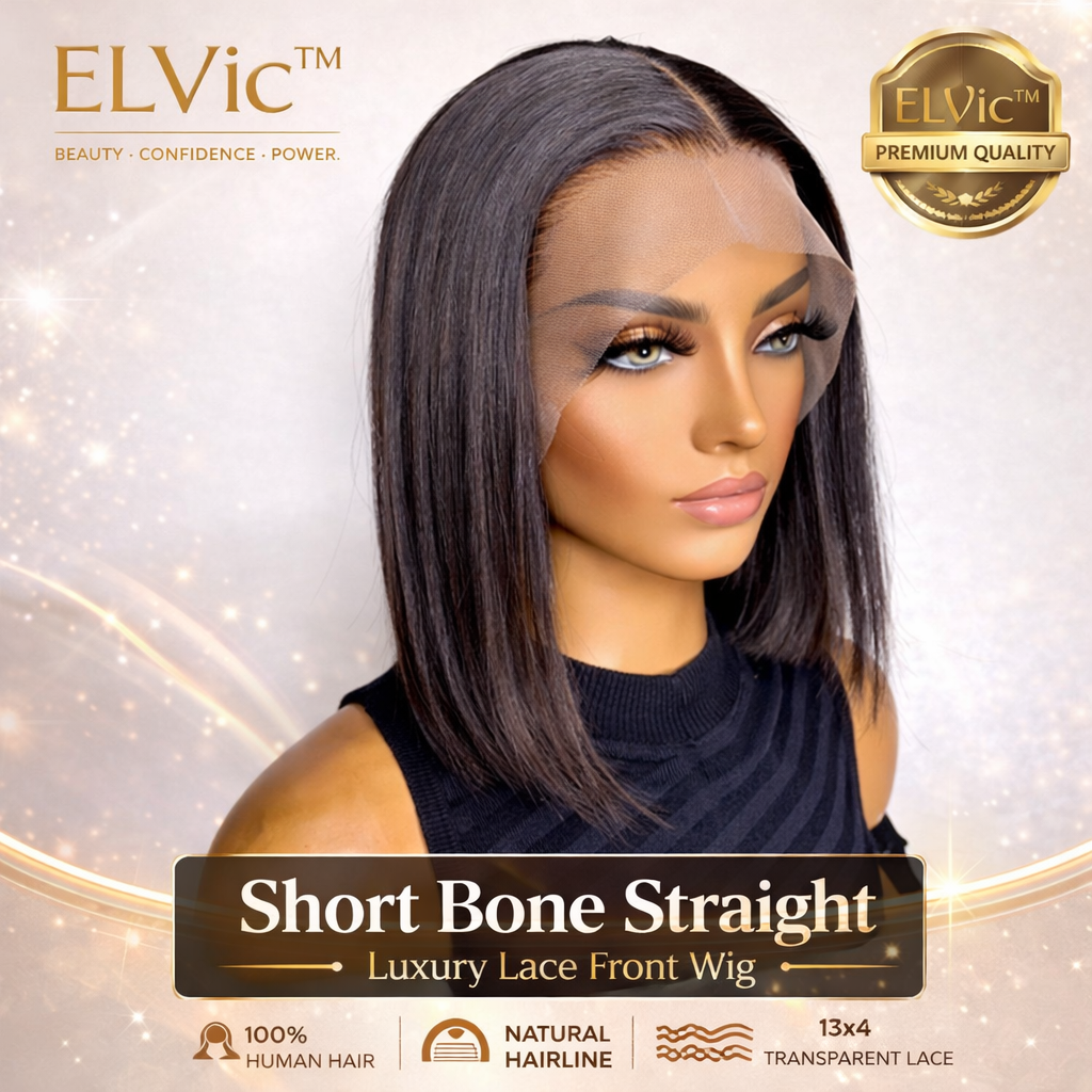 ELVic™ Short Bone Straight Lace Wig – 100% Human Hair Bob with Transparent Lace