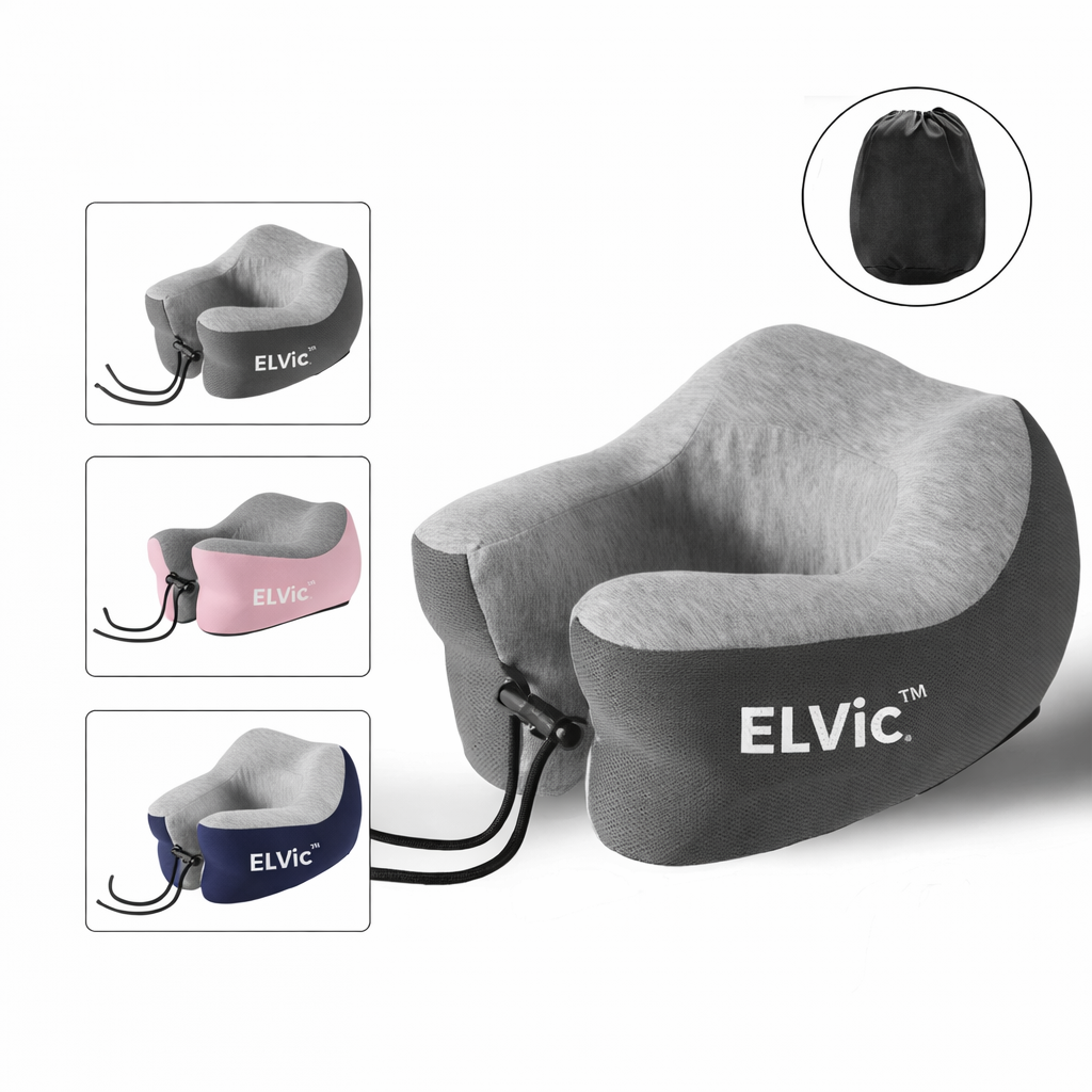 ELVic™ Premium Memory Foam Travel Neck Pillow – Portable Ergonomic Comfort for Airplane, Car & Office